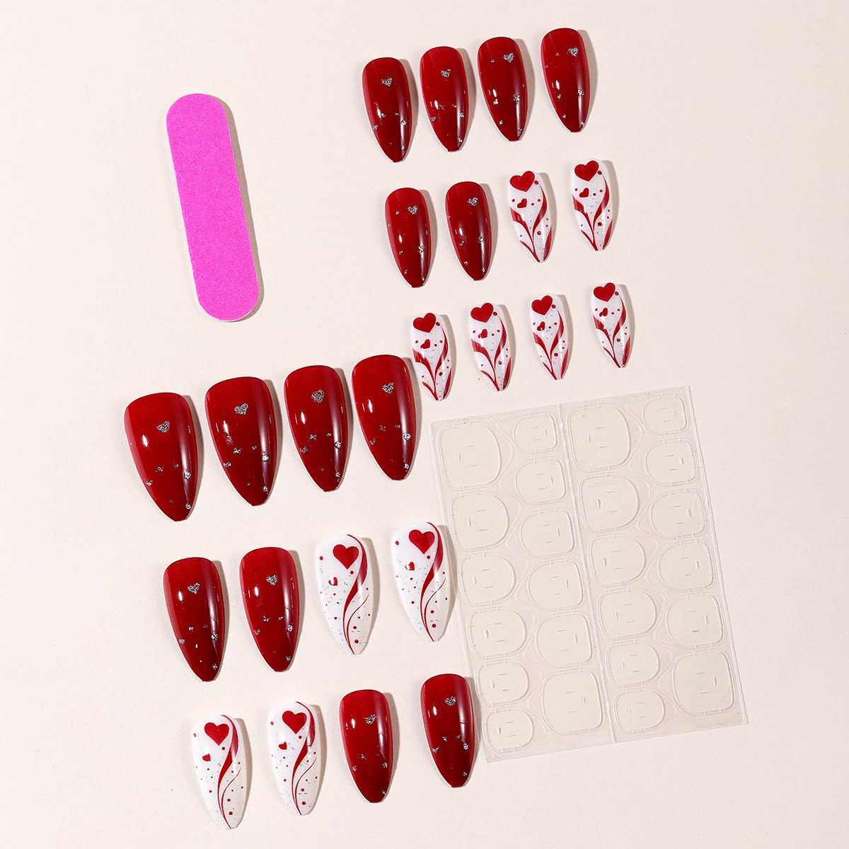 24Pcs Valentines Press on Nails Medium Almond Fake Nails Red False Nail Tip Kit with Soft Lines Heart Designs Sparkly Glossy Glue on Nails Reusable Full Cover Acrylic White Stick on Nail for Women
