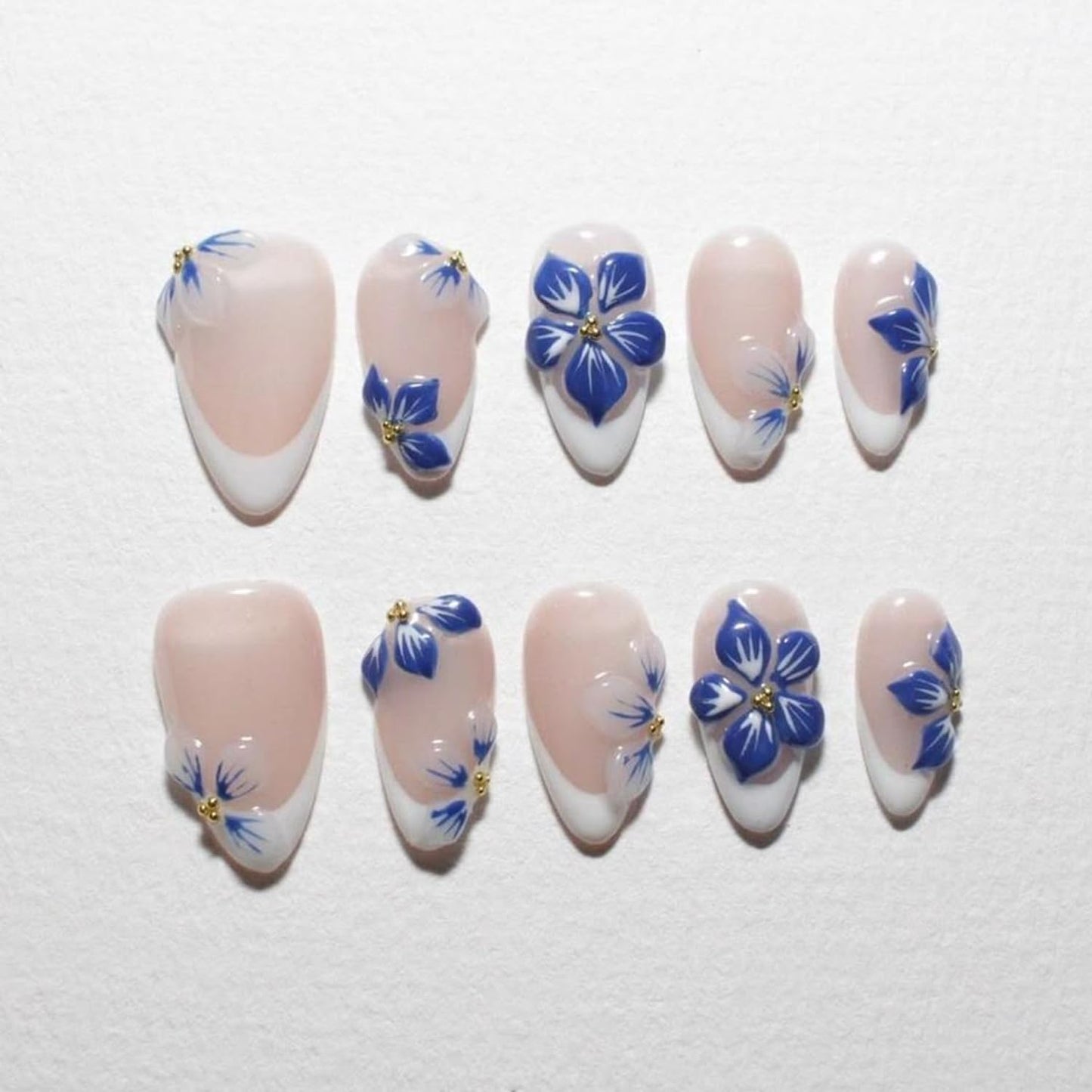 French Tip Press on Nails Short Almond Fake Nails Blue Flower Design Spring & Summer French Nails Press on Floral Designer Reusable Acrylic Nails 24 Pcs,Manicure Fingernails Daily Wear Nails for Women