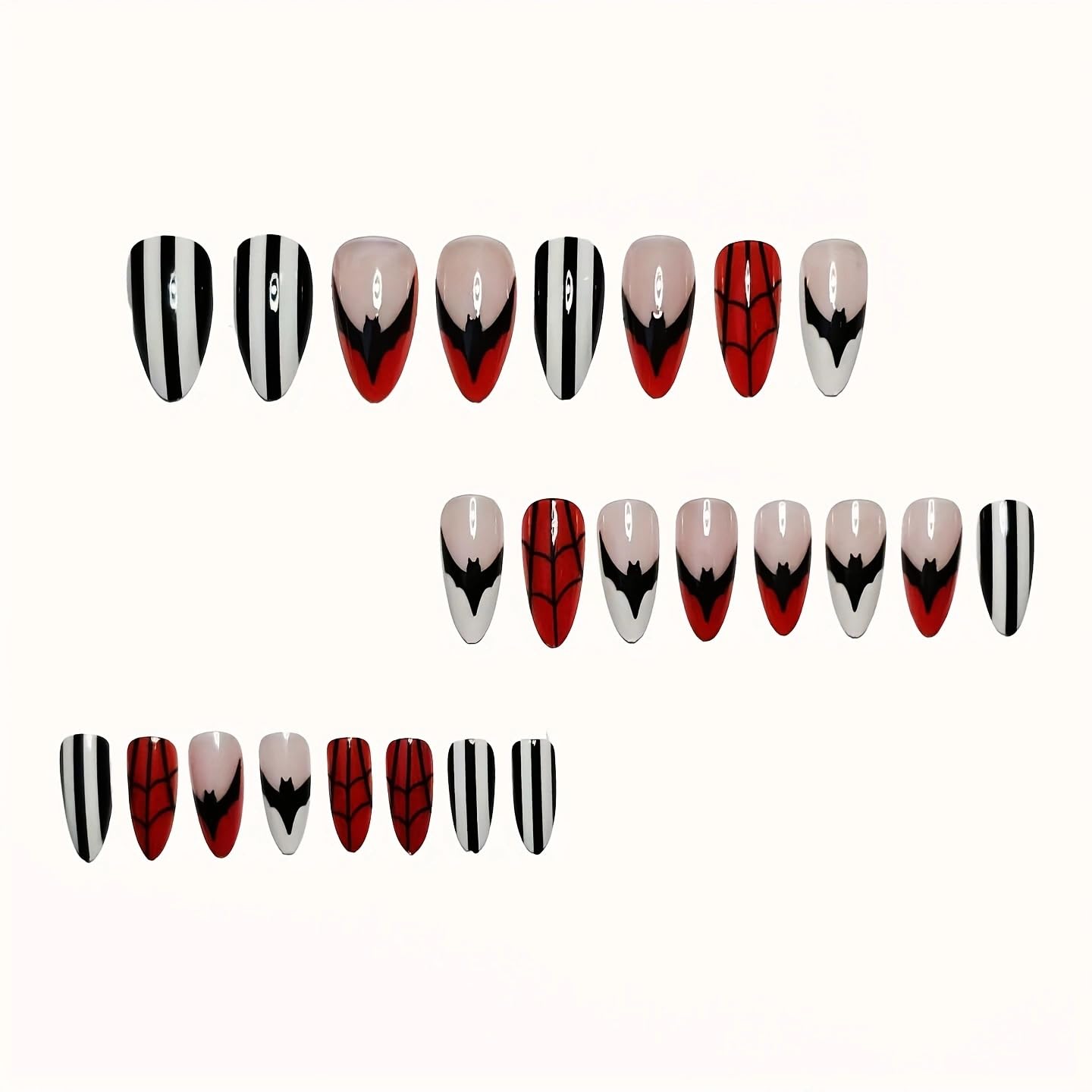 Halloween Bat French Press on Nails Medium Almond Fake Nails Red Spider Web Designs False Nails Black and White Stripes Acrylic Glue on Nails for Women Girls Manicure Decoration 24Pcs