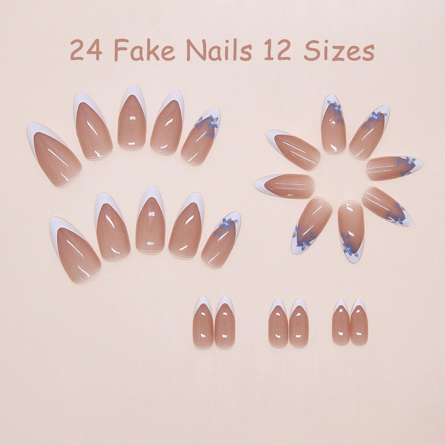24Pcs White French Tip Press on Nails Medium Almond, Blue Floral Designs, Glossy Full Cover Fake Nails, Reusable Glue on Nails with Acrylic Effect,Nude Nails Press ons for Women