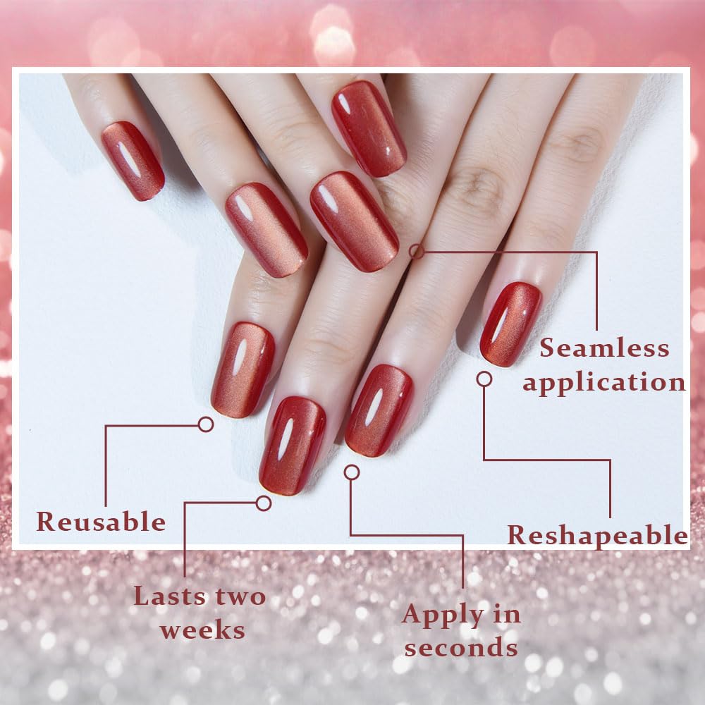 XZMeiLun Cat Eye Press On Nails - Glitter Rose Red Medium Square Magnetic Acrylic Fake Nails, Stylish Design, Salon-Quality Shiny Finish, Reusable Stick On Nails Kit for Women (No Glue Included)