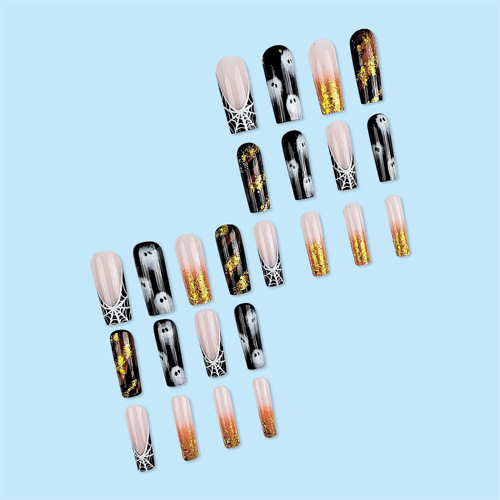Halloween Press on Nails Long Square Fake Nails Cute White Ghost False Nails with Designs Spider Web Glue on Nails Long Coffin Acrylic Nail Glitter French Tip Glossy Stick on Nail for Women 24 Pcs