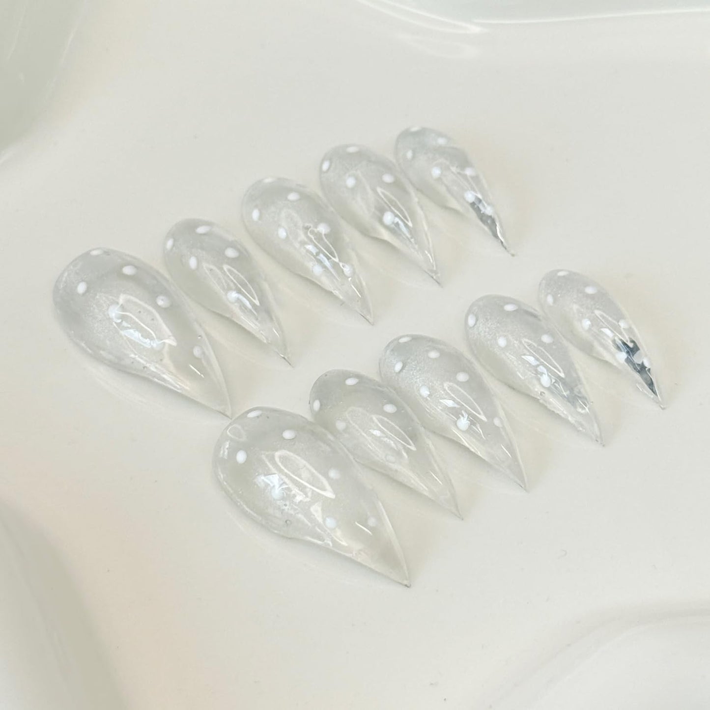10 Pcs Handmade Press on Nails Curved Short Eagle Claw Fake Nails with Dot Designs Transparent Luxury Dragon Claw False Nails with Glue,Full Cover Acrylic Artificial Nail for Women(S)