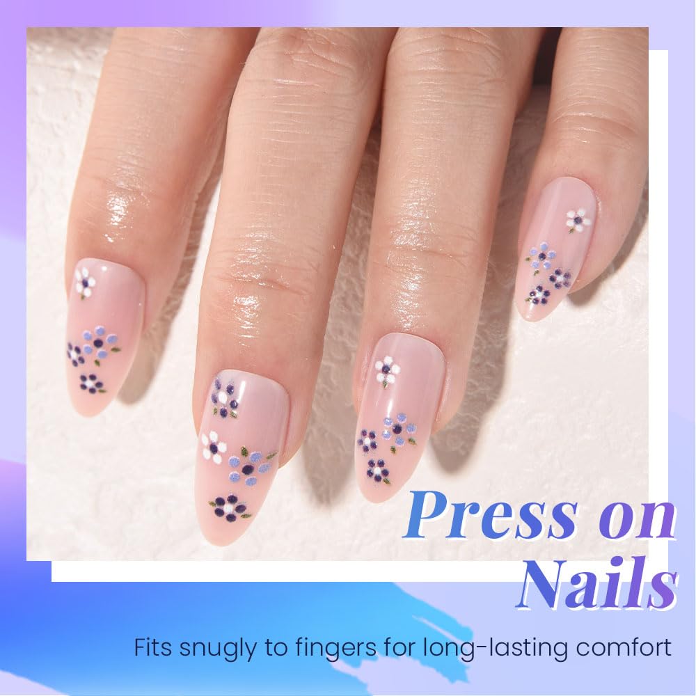 XZMeiLun Spring Summer Purple White Floral Press On Nails Medium Almond Fake Nails, Salon Quality Reusable Acrylic Nails for Women & Girls, DIY Nail Art Gift Kit - 30 PCS 15 Sizes