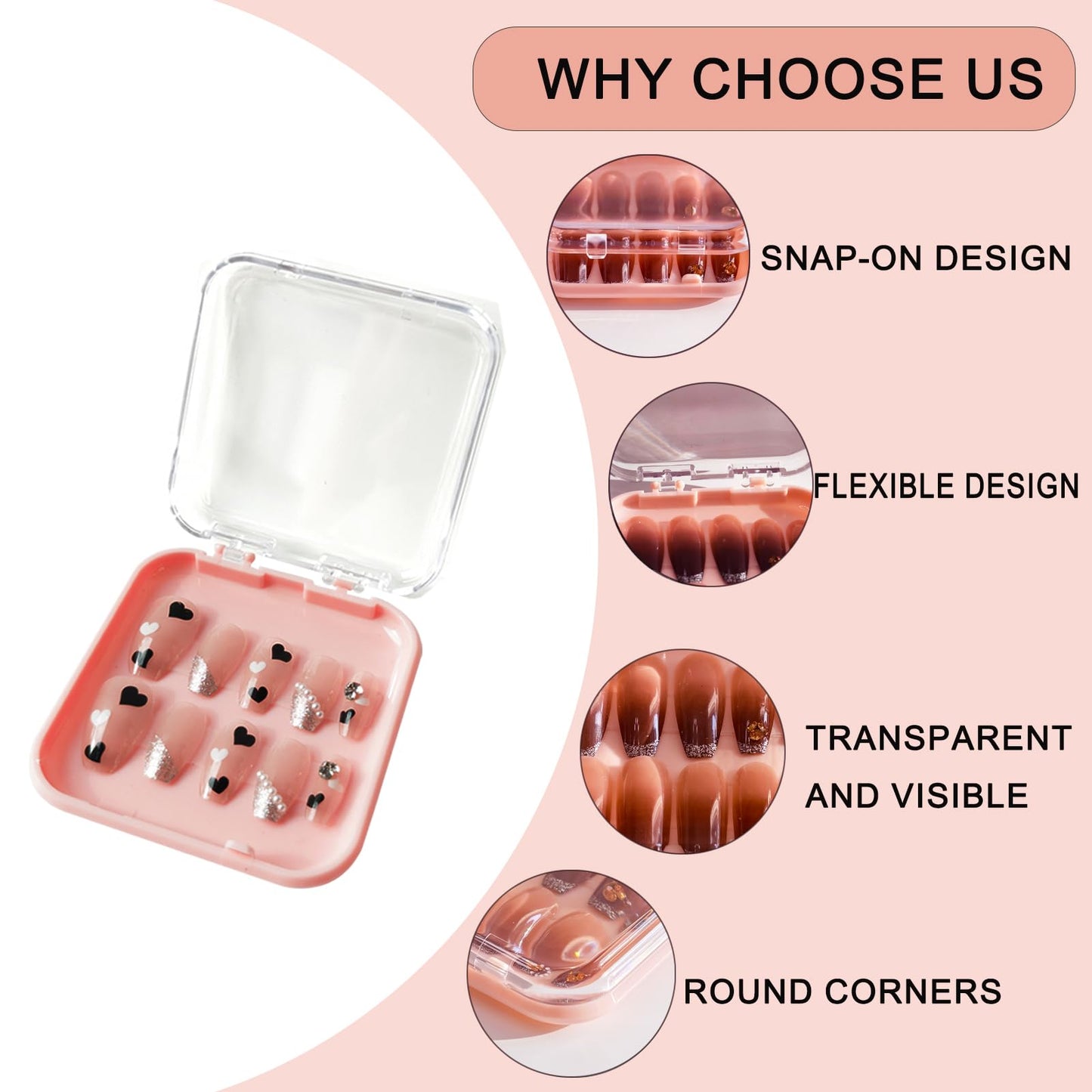 14 Pcs Press On Nail Packaging Box Press on Nail Storage Box for Press Ons with 60 Pcs Adhesive Double Sided Tape for Fake Nail Storage Case Nail Display Nail Salon Supplies Nail Art Business (Pink)