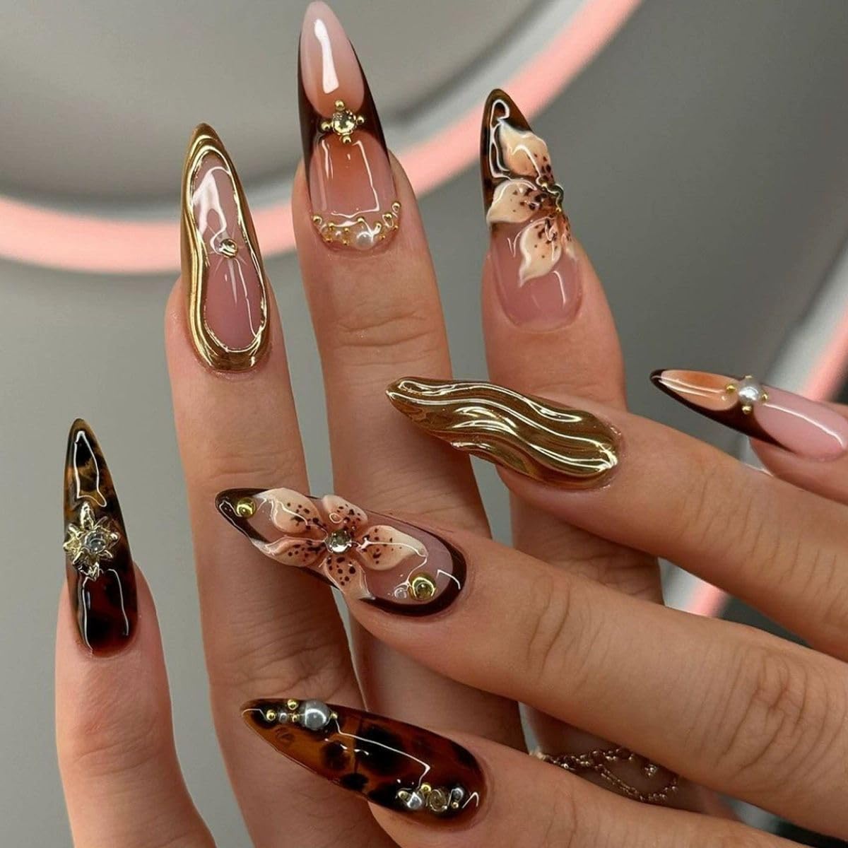 Gleamrain Stiletto Press on Nails Long Almond Brown False Nail with Flower and Swirl Designs 3d Fall Nails Press Ons for Women 24pcs