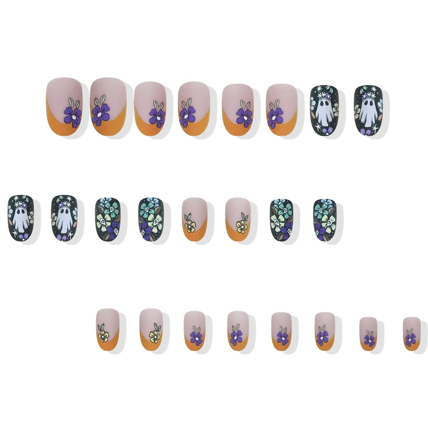 Halloween Flower Skull Press on Nails Medium Oval Ghost Colorful Skull Floral Pattern Design Halloween Nail Full Cover Artificial Acrylic False Nail Orange French Festival Stick on Nails for Women