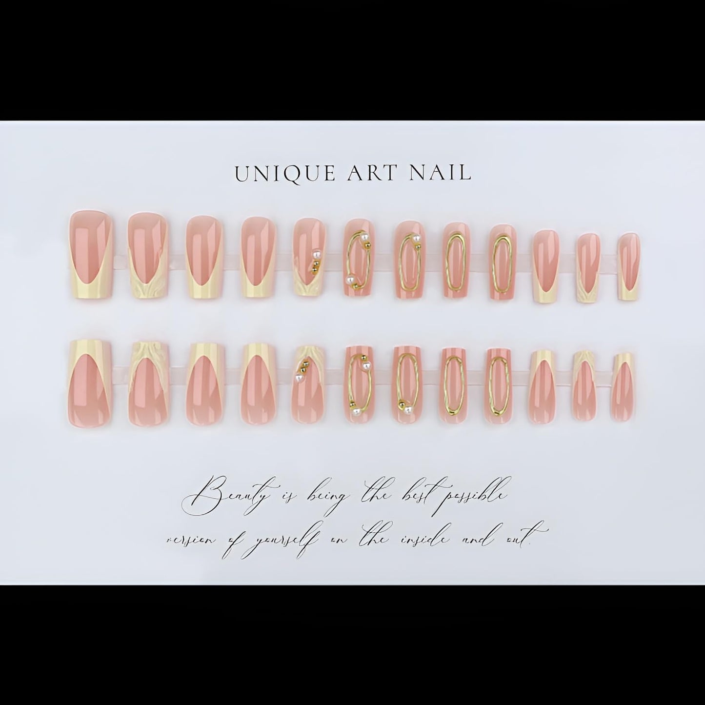 French Tip Press on Nails Medium Almond Fake Nails Gold Lines False Nails with Pearl Design Glossy Nails Press Ons White French Tip Stick on Nail Acrylic Glue on Nail for Women Set 24Pcs