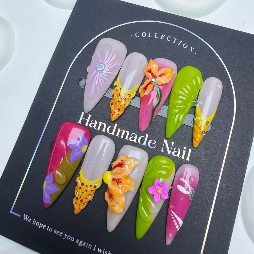 Press on Nails Handmade Stiletto Almond Shaped Medium False Nails Luxury 3D Flower and Droplet Design Full Cover French Tip Muti-Layer Gel Fake Nail Colorful Stick on Nails for Women DIY Nail Art（M)