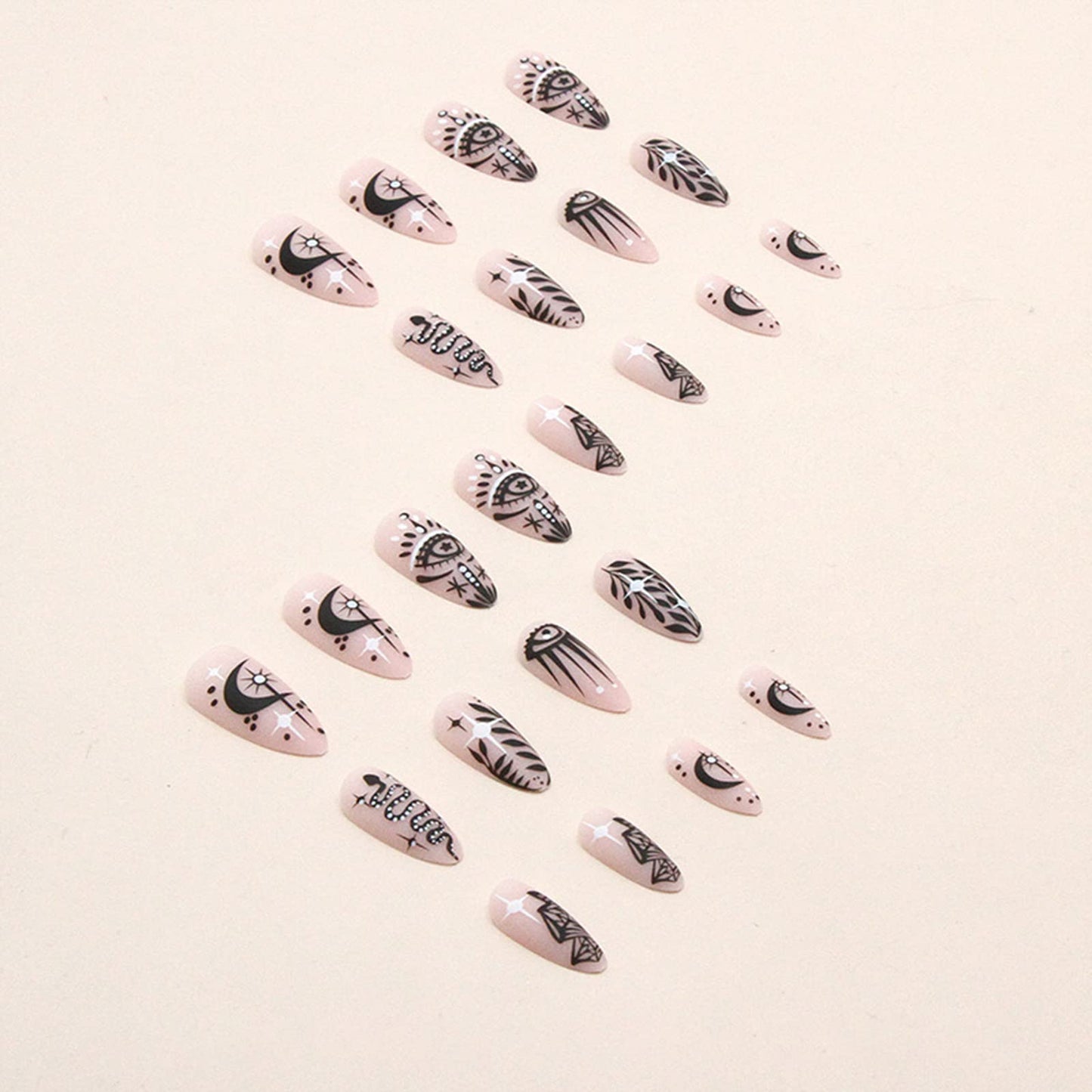 SINHOT Medium Almond Press on Nails Stiletto Fake Nails Glossy Glue on Nails Acrylic Nail Black Graffiti False Nail with Designs 24 pcs