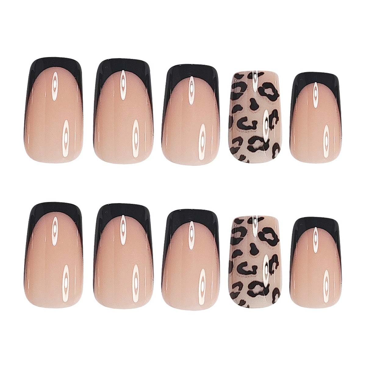 LINMEIZAI Leopard Press on Nails Short Square, Black French Tip Fake Nails Glue on Nails Fake Nails Press ons Cute Glossy Acrylic Nail Kit for Women Girls, False Nails Manicure 24 Pcs