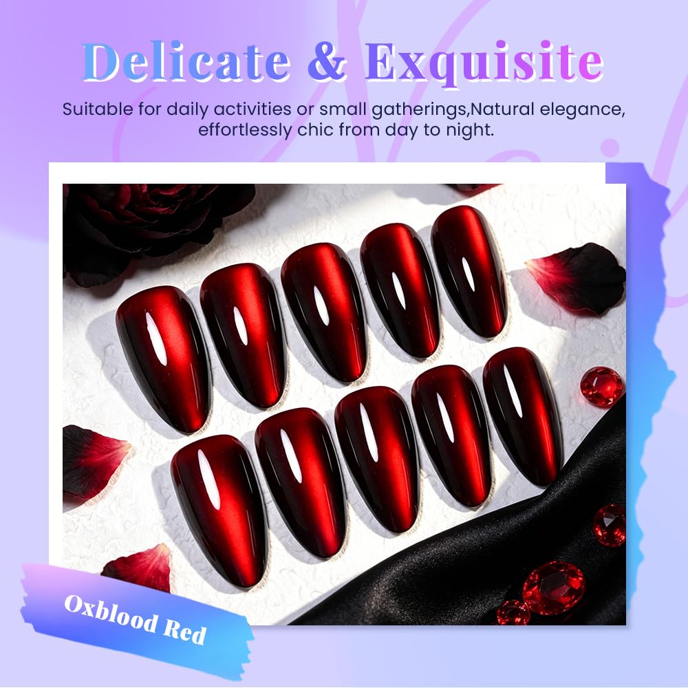 XZMeiLun Cat Eye Deep Red Press On Nails Almond Medium, Magnetic Acrylic Fake Nails Stylish Design, Salon-Quality Shiny Finish, Reusable Stick On Nails Kit for Women, Daily Wear (No Glue Included)