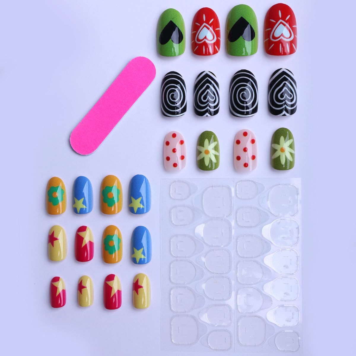 Short Oval Press on Nails Colorful Fake Nails Spring Summer Nails Press ons with Star,Flower,Polka Dot Design,Y2k Reusable Artificial Nails Full Cover Stick on Nails for Women Manicure 24Pcs