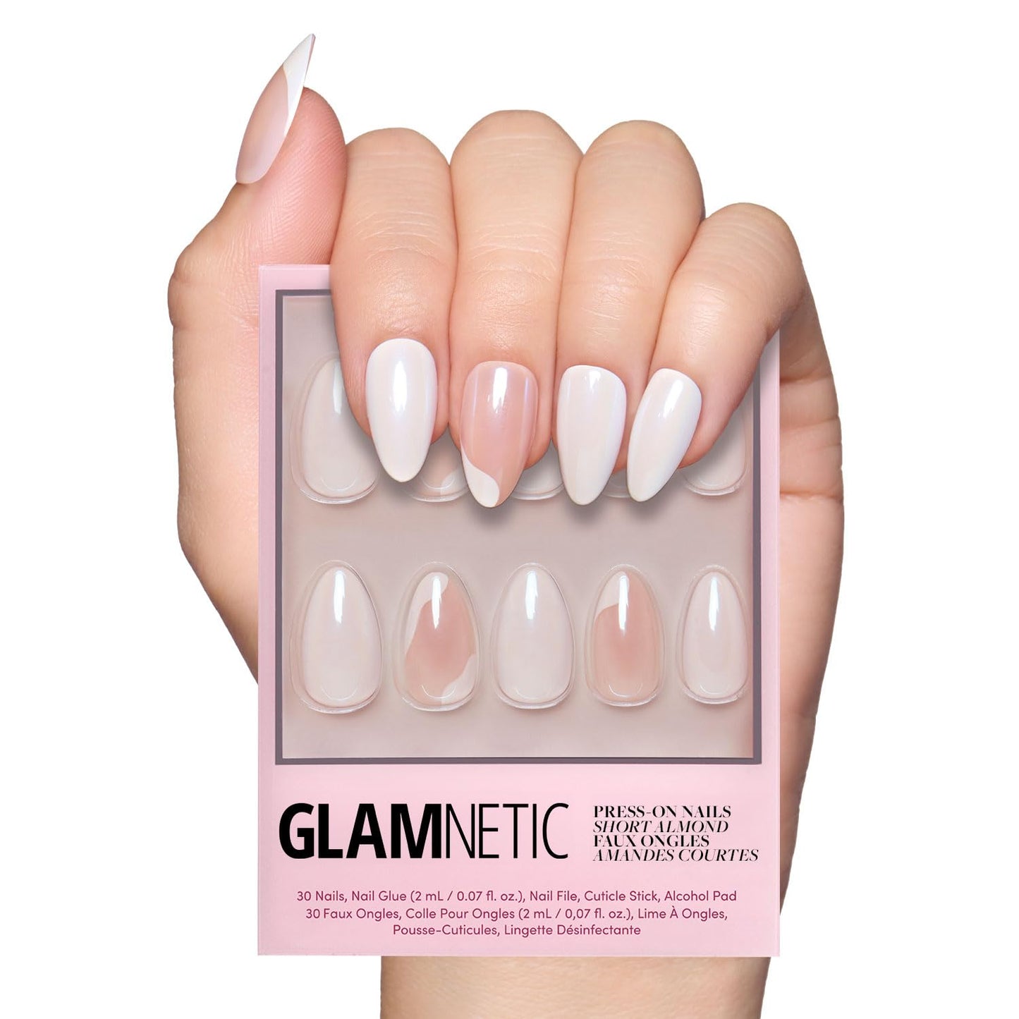 Glamnetic Press On Nails - Lovey Dovey Spring Nails | Glossy, Semi-Transparent Short Almond Fake Nails with Abstract Accents, Salon Quality | 15 Sizes - 30 Nail Kit with Glue