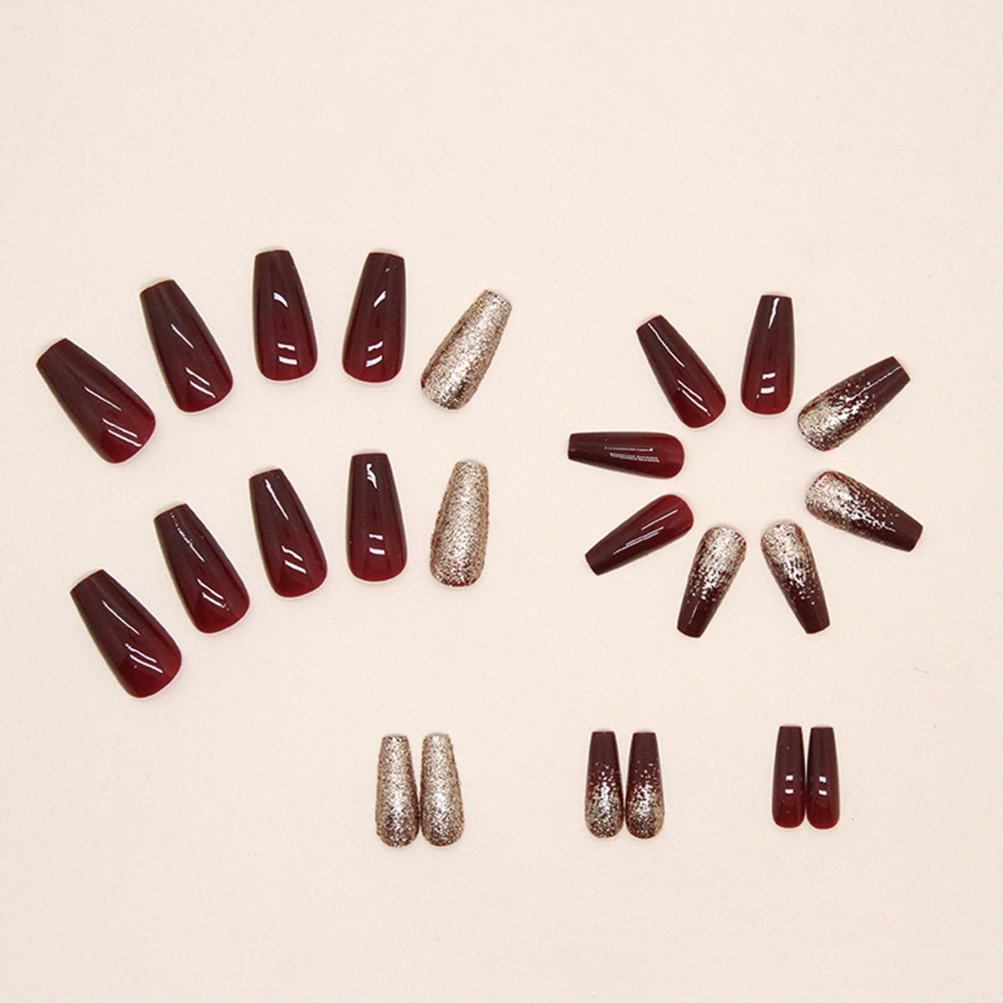 SINHOT Red Press on Nails - Medium Coffin Glossy Glue on Acrylic Gold Glitter Ballerina Artificial Stick on False Nails with Design - 24 pcs