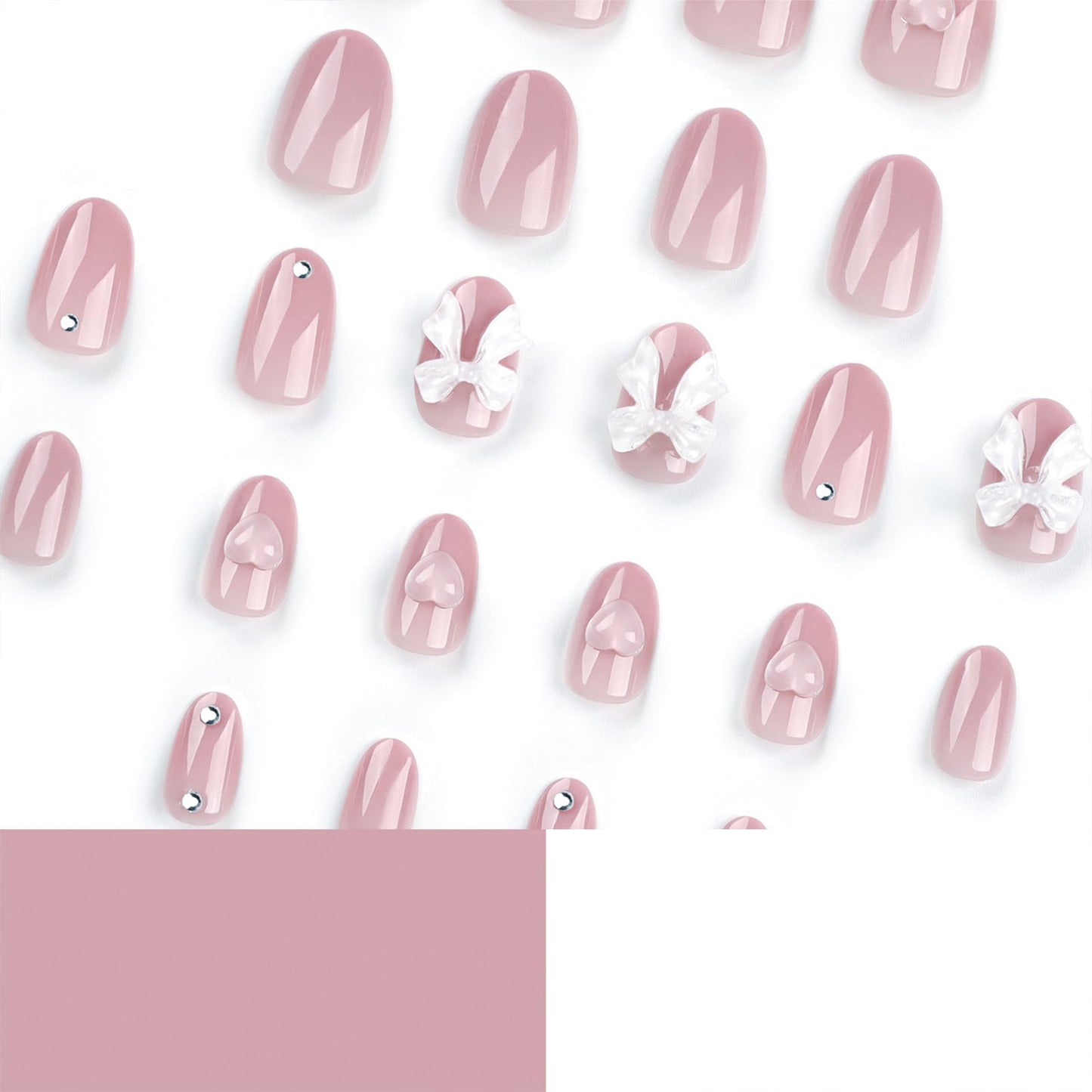 SINHOT Heart Press on Nails Medium Square Fake Nails Glossy Glue on Nails 3D Butterfly Squoval Rhinestones Acrylic Nail Valentines Day Stick on False Nail with Design 24 pcs