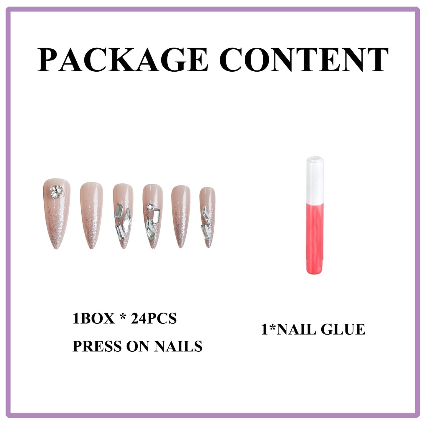 MERVF Almond Press on Nails Extra Long Nude Fake Nails Glitter French Tip Stiletto Glue ons with Rhinestones Design Luxury Acrylic False Nail Glossy 24pcs