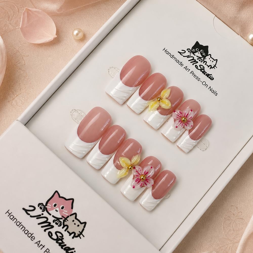 2IM Studio Handmade Press On Nails – 10 Piece Soft Gel Nail Kit with Glue & Tool Set, Reusable Artisan Nails, Salon-Quality Finish (Rosy French-S)