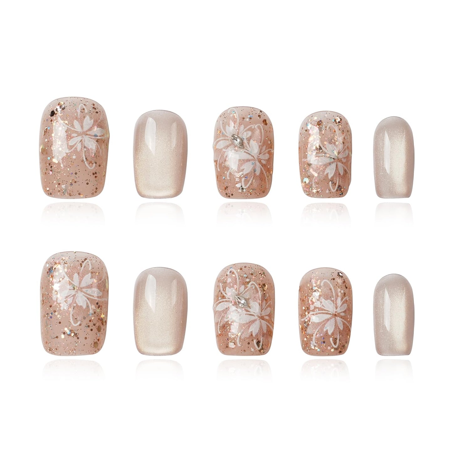 Tesytto Handmade Press on Nails Glitter Short Coffin, Nude Pink with Flower & Butterfly Pattern, Reusable Full Cover False Nails 10Pcs (Warm Glossy Dream,S)