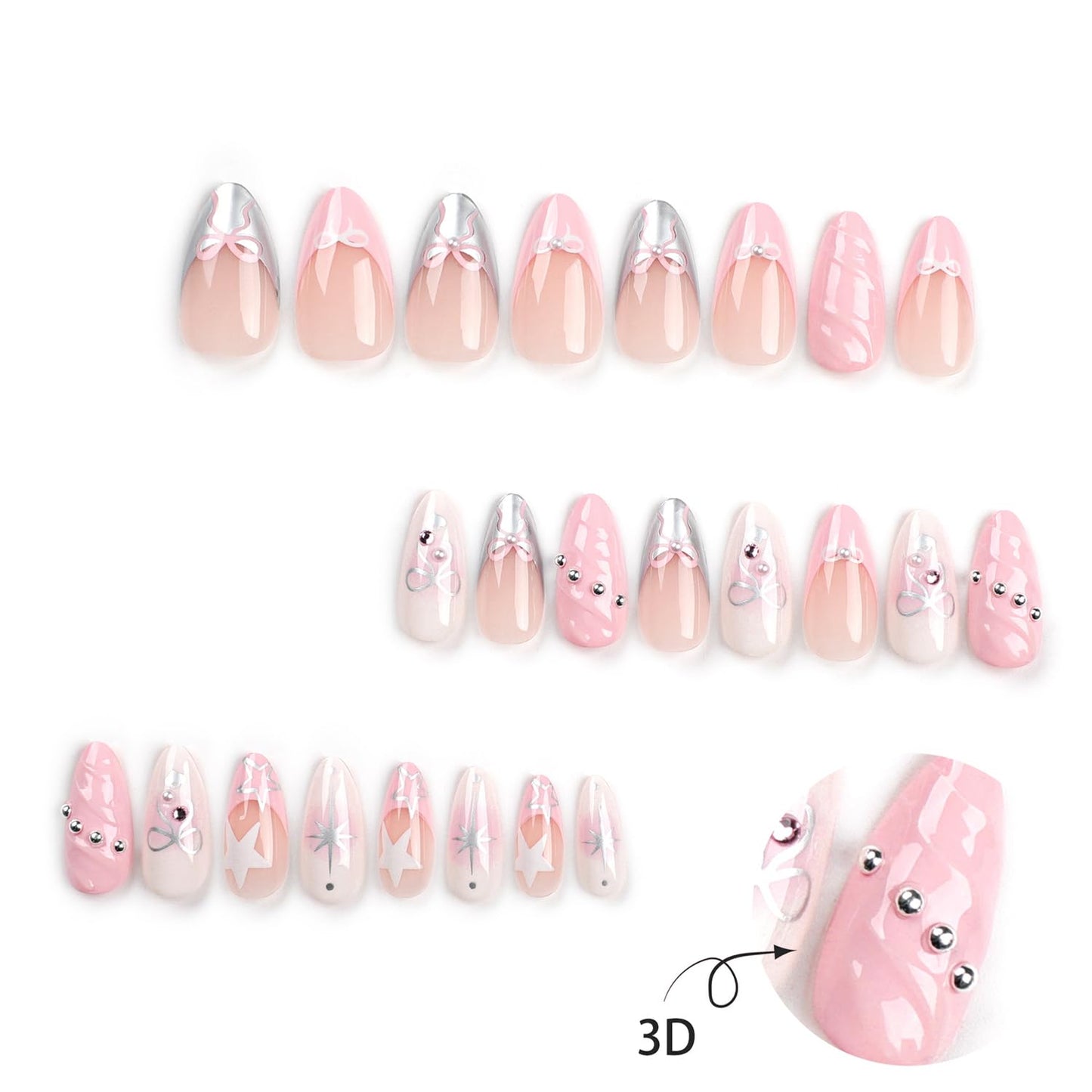 24Pcs French Tip Nails Medium Almond Fake Nails Tips Cute Bow Rhinestones Glitter Designs 3D Pink False Nails Silver Star Stick on Nail Full Cover Glue on Artificial Nail for Women Manicure