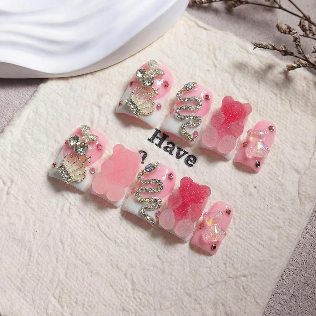 Vseegrs Pink Handmade Press on NailsDuck Medium Artificial False Nails with Designs 3D Cute Bear Acrylic Nail Press ons Rhinestones Press on Nail Kit for Women 10pcs (M)