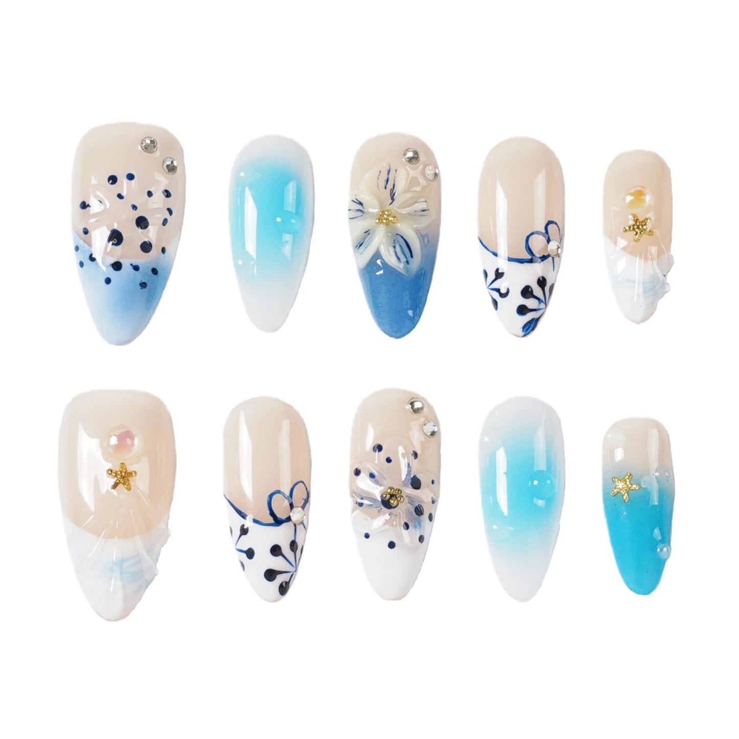 Tesytto Handmade 3D Shell Press on Nails - Medium Almond Blue Ombre, Ripple French Tip & Flower Design Summer Mermaid Nails (Big Island-B,S)