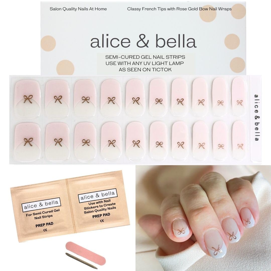 ALICE & BELLA Semi Cured Gel Nail Strips-20 PCS Light Pink French Tips with Rose Gold Bow Salon Quality Nail Gel Stickers, Use with UV Light Lamp, (French Rose Gold Bow)