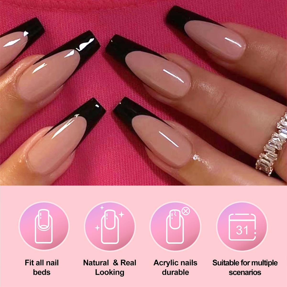 120Pcs Black French Tip Press on Nails Long Coffin Fake Nails French Tip False Nails Full Cover Acrylic Glue on Nail Nude Pink Artificial Nails Reusable Stick on Nail for Women Manicure Kit