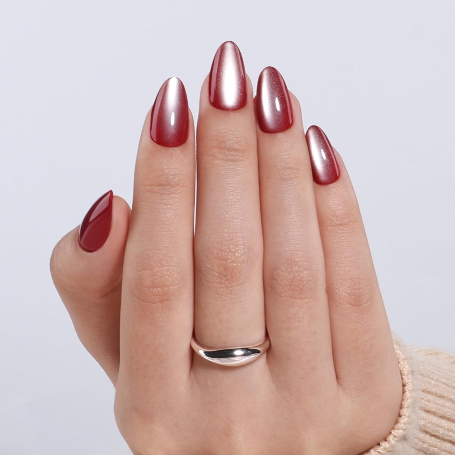 Red Cat Eye Press On Nails - Burgundy Short Almond Fake Nails, Dark Red Press On Nails Reusable Stick On Nails in 16 Sizes, 32pcs False Nail Kit for Women & Girls (Wine Chrome)