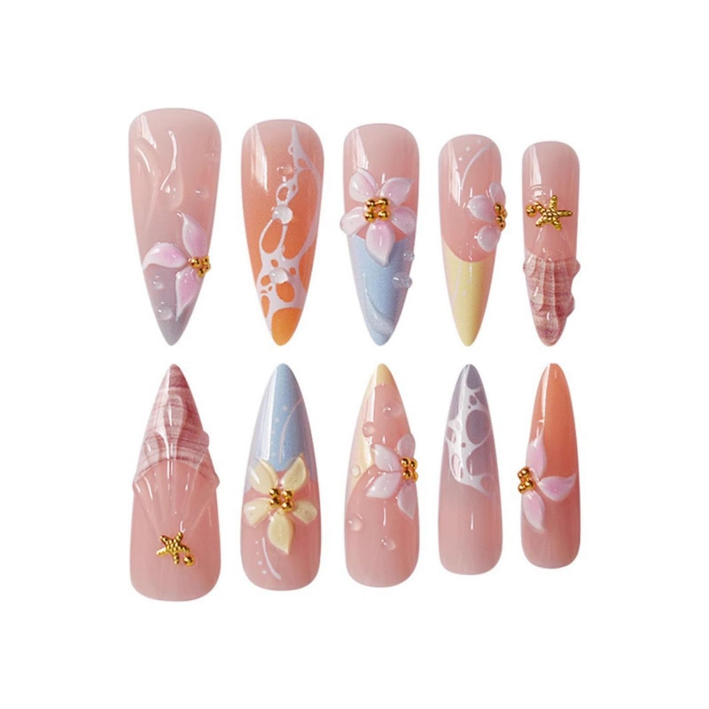 SEENEEY Long Press on Nails Almond Fake Nails French Flowers Artificial Nail with Pink Floral Designs Cute Stick on Nail for Women 24pcs