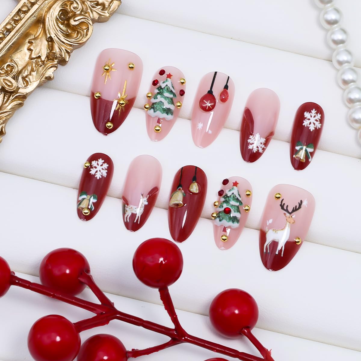 30Pcs Christmas Press on Nails Medium French Tip Fake Nails 3D Luxury Gold Beads Design Xmas Tree Bell Almond Acrylic Nails Cute Elk Snowflake Glue on Nails for Women Winter Christmas Manicure