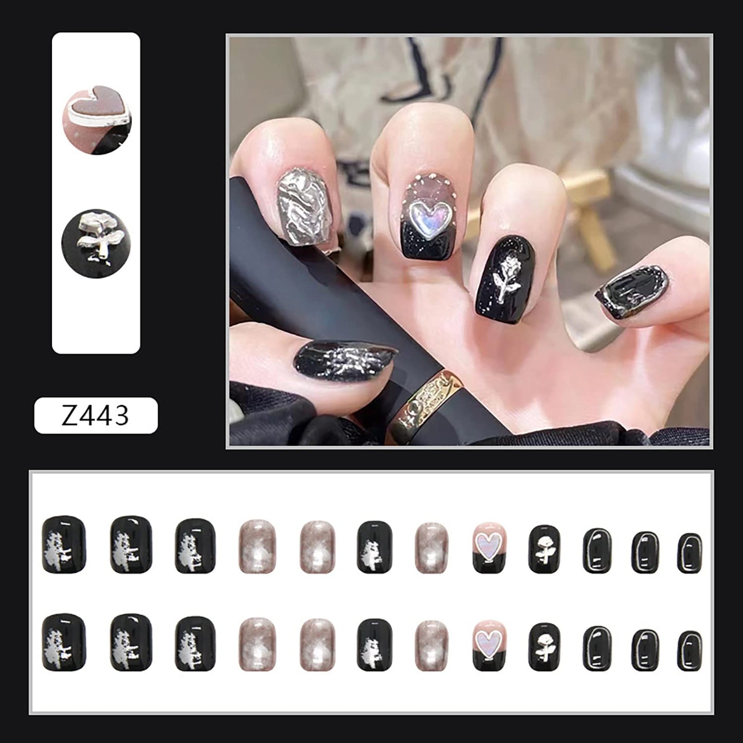 Press on Nails Short Square Length, Full Cover Reusable False Nails Kits, Glue on Nails with Rhinestone Designs Artificial Glossy Fingernails Acrylic Fake Nails for Women Stick on Nails Coffin Shape