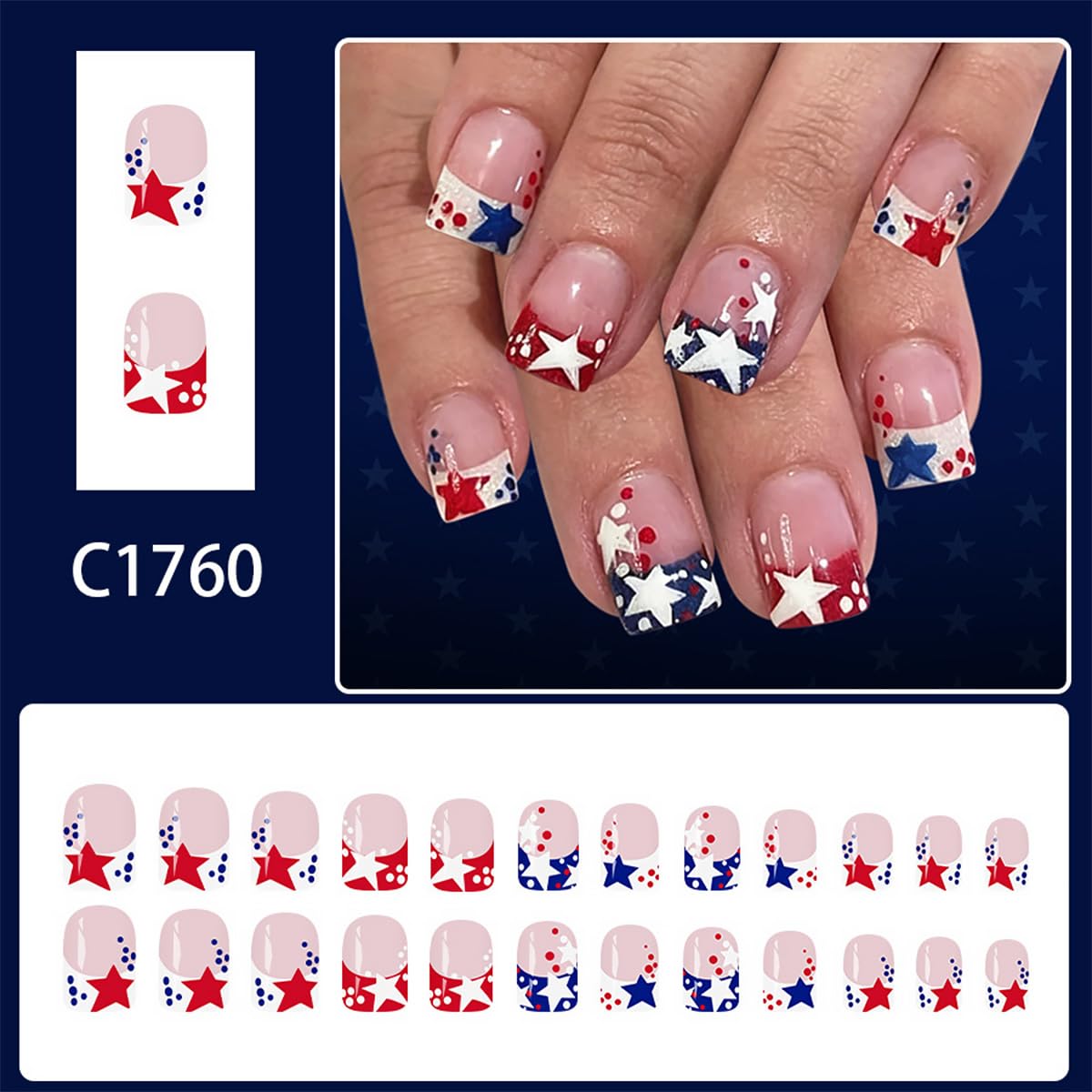 24Pcs Independence Day Press on Nails Short Square French Tip Fake Nails with Red Blue White Star Design 4th of July False Nails Patriotic Glue on Nail Full Cover Artificial Stick on Nails for Women