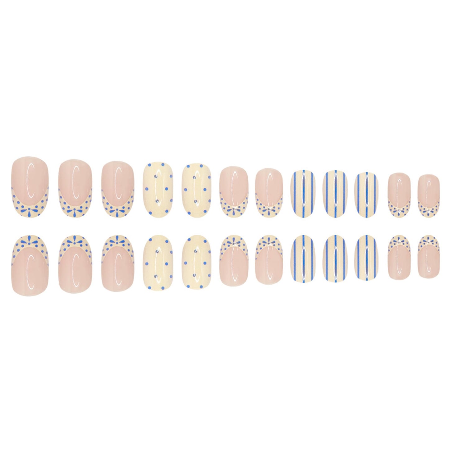 Blue white Press on Nails Short Almond Fake Nails French Tip False Nails with Stripe & Polka Dot Design Glossy Reusable Artificial Acrylic Glue on Nails Full Press Ons for Women Manicure Decor 24Pcs