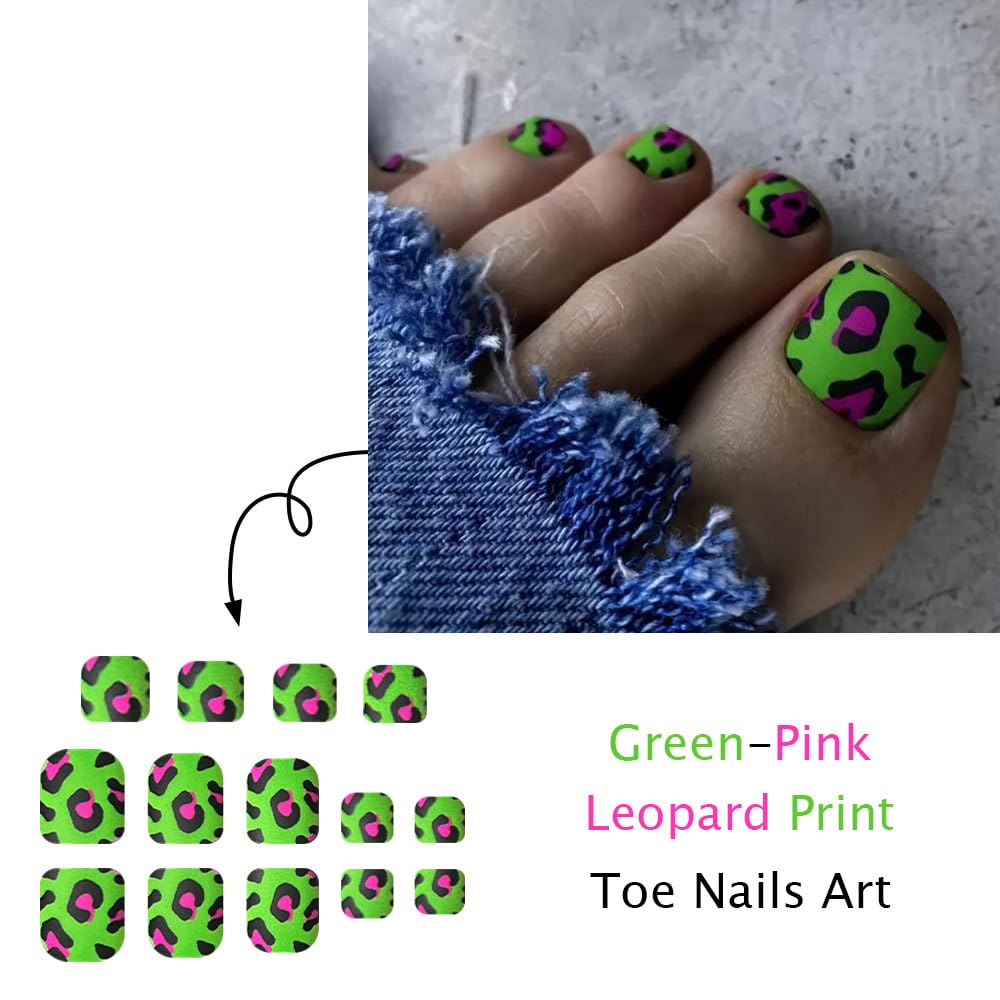 Red Black Leopard Press on Toenails Short Square Glue on Toenails with Green Design Summer Fake Toe Nails Spring False Toenail Reusable Full Cover Stick on Toenail for Women Girls Manicure 24Pcs