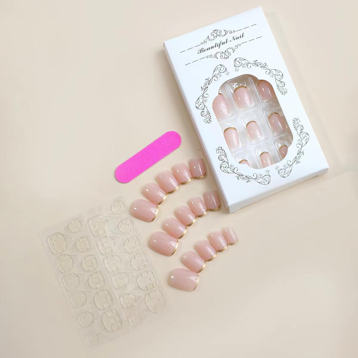 Gold French Tip Press on Nails Short Fake Nails with Design Square Acrylic Glue on Nails Glossy Full Cover Nude Stick on Nail Reusable Artificial Squoval False Nail for Women Girls Manicure 24pcs