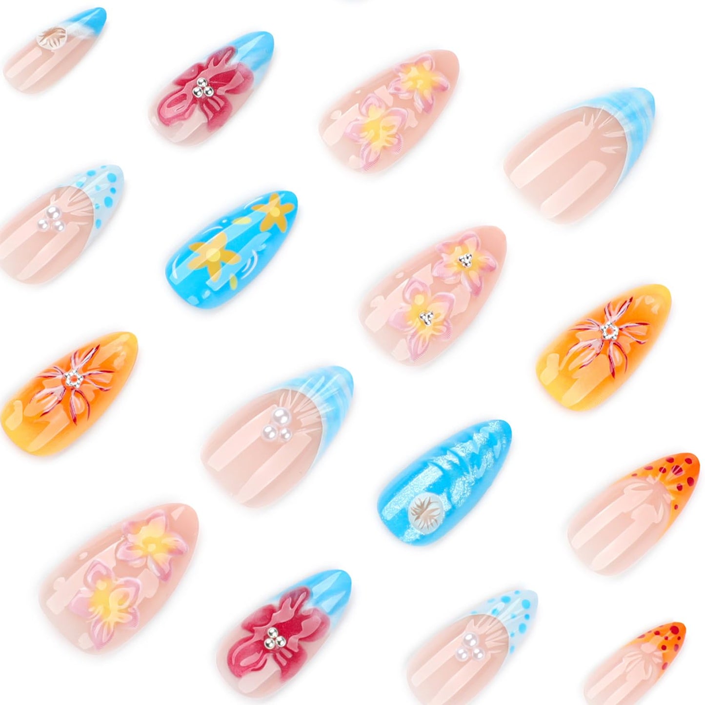 BSBTBZ Tropical Flowers Press on Nails 24Pcs Short Almond Acrylic ABS False Nails with Bead Pearl Charms Design Glue on Nails Summer Floral French Tip Style
