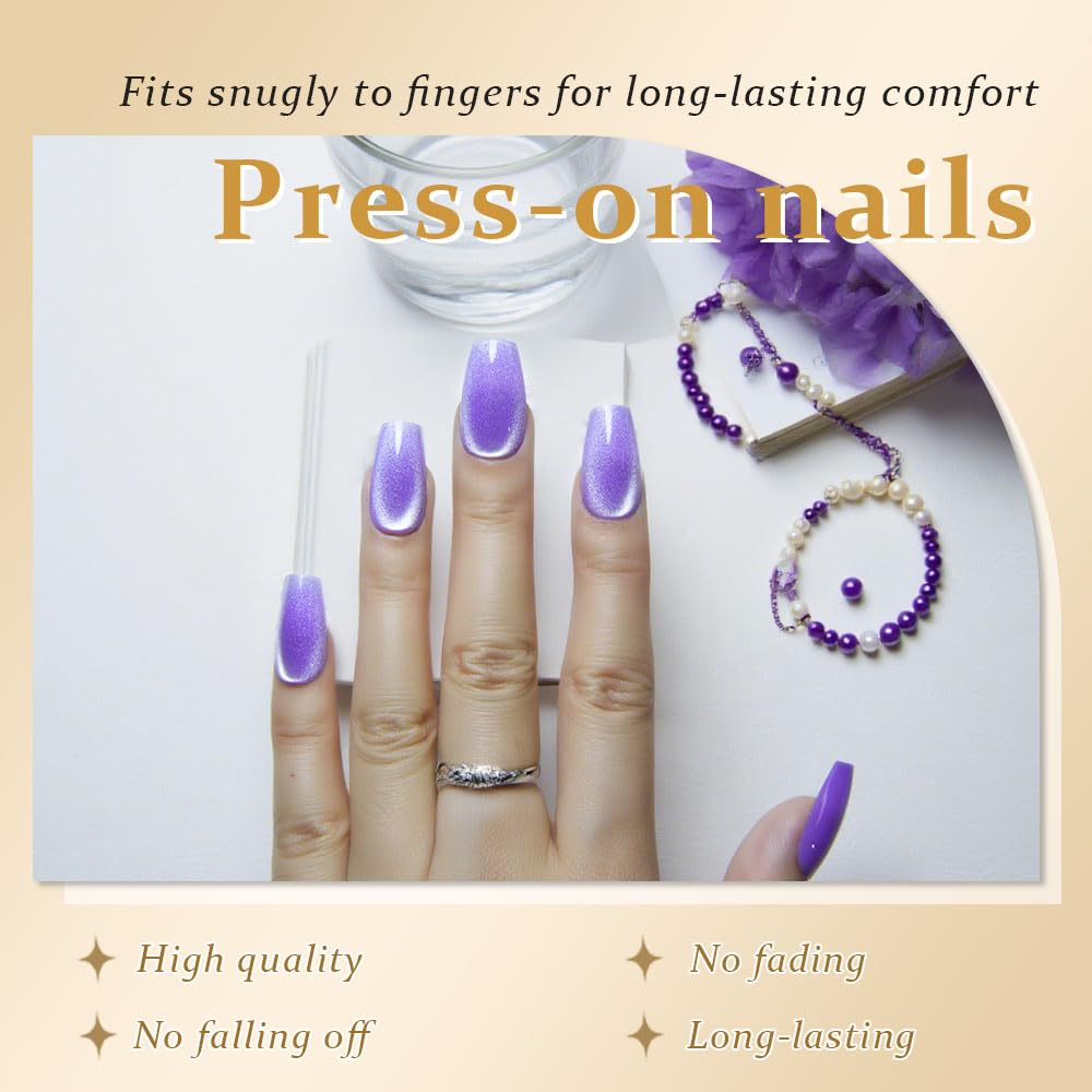 evpct Violet Purple Cat Eye Coffin Press on Nails Medium Square No Glue, Medium Square Stick on Nail for Women, Purple Metallic Glitter Glossy Reusable Soft Press on Acrylic Fake Nail with Designs