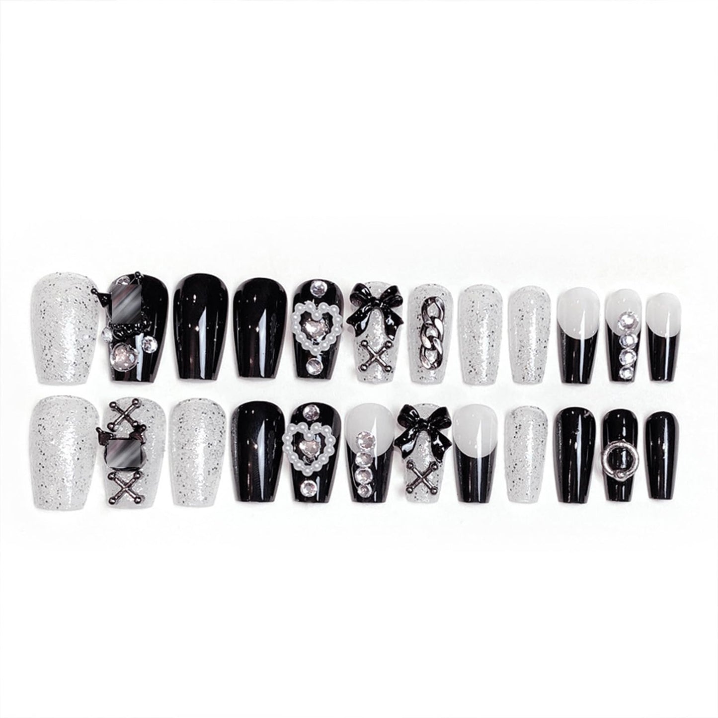 SINHOT Square Press on Nails - Medium Fake Nails, Glossy Finish, 3D Goth Black Cartoon & Pearl Hearts, DIY Artificial False Nail Art - 24 Pcs Nail Kit with Glue