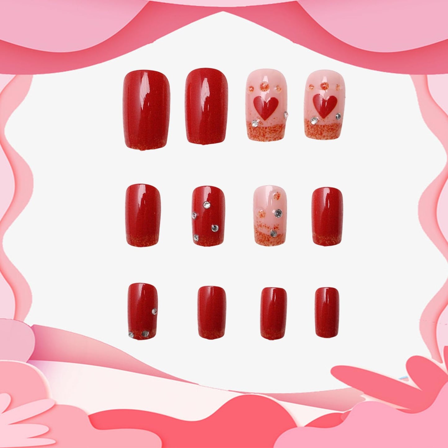 Valentines Press on Nails Short Square Artificial Acrylic Fingernails French Glitter Fake Nails Red Love with Rhinestones Coffin Nail Full Cover Glossy Heart Press Ons Nail Women Festival Manicure
