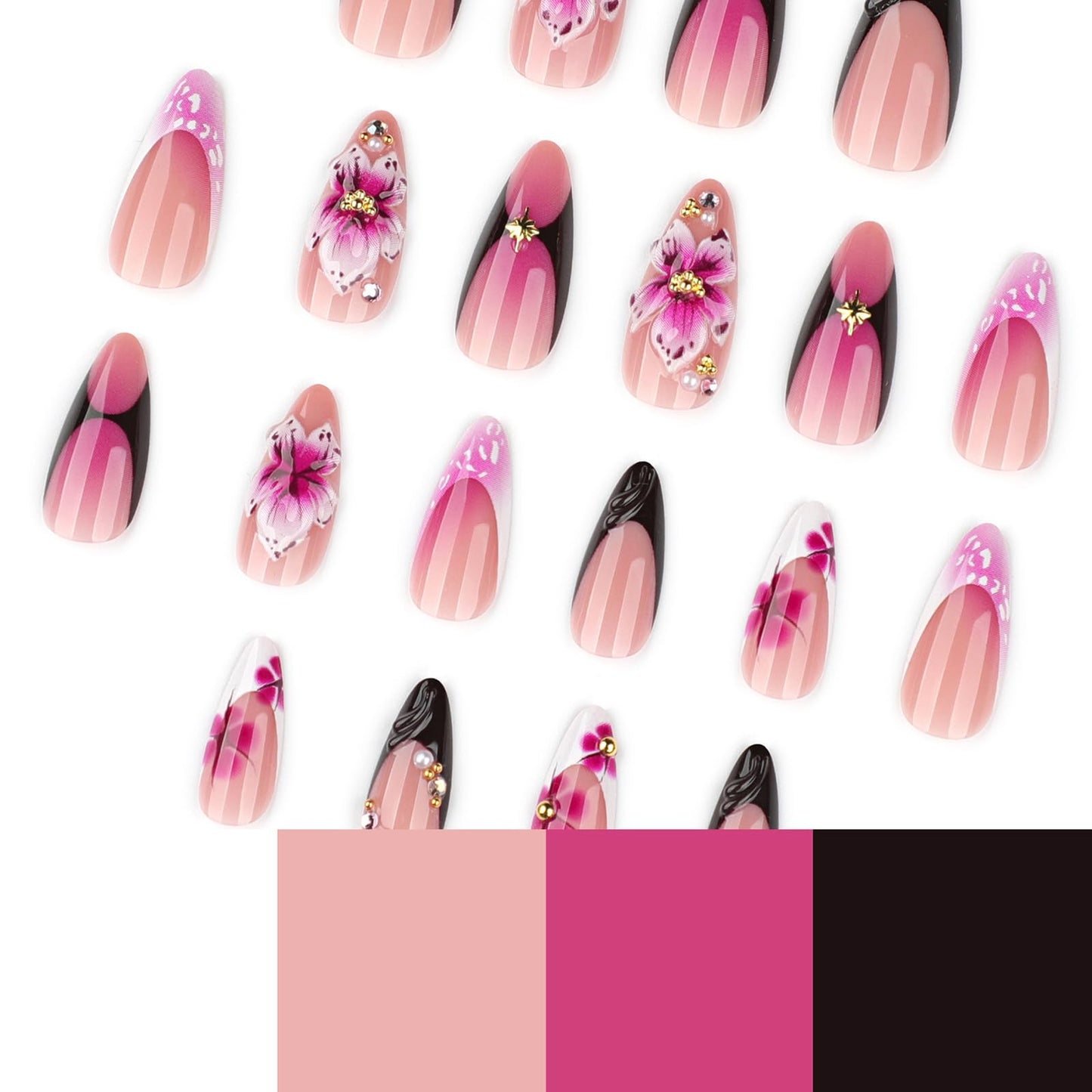 24Pcs French Tip Press on Nails Almond Fake Nails with Floral Gold Bead Pearl Design Handmade Acrylic Nails Press ons Reusable False Nail Spring Summer Flower Stick on Nails for Women Flower Nail Art