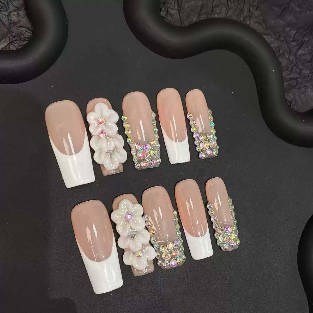 10Pcs Press On Nails Handmade Nails Long Square Fake Nails 3D Flower With Rhinestone Design French Tip False Nails Full Cover Acrylic Reusable Stick On Nail For Women(SIZE:M)