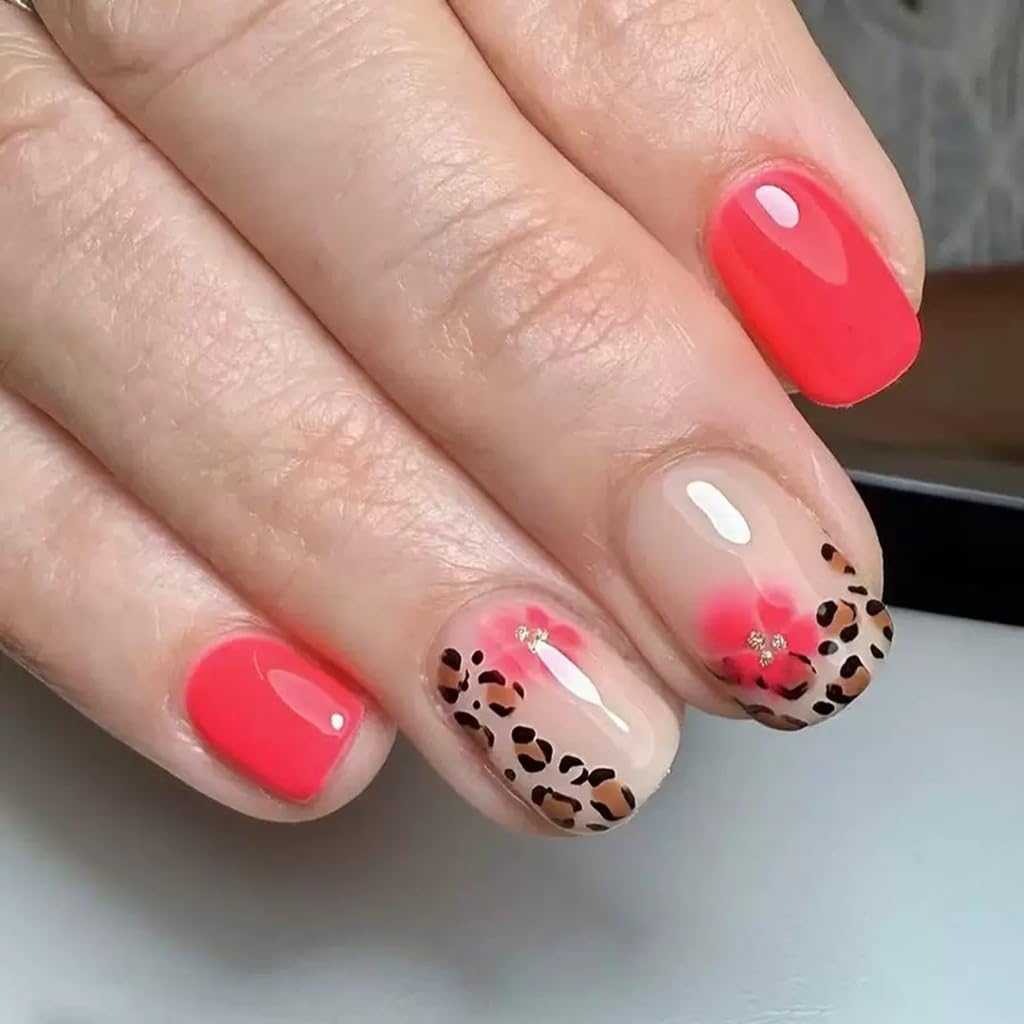 6 Packs (144 Pcs) Press on Nails Short Square, Almond Press on Nails, with Leopard Print Polka Dot Design French Tip Fake Nails for Women - 12 Sizes, 6Styles