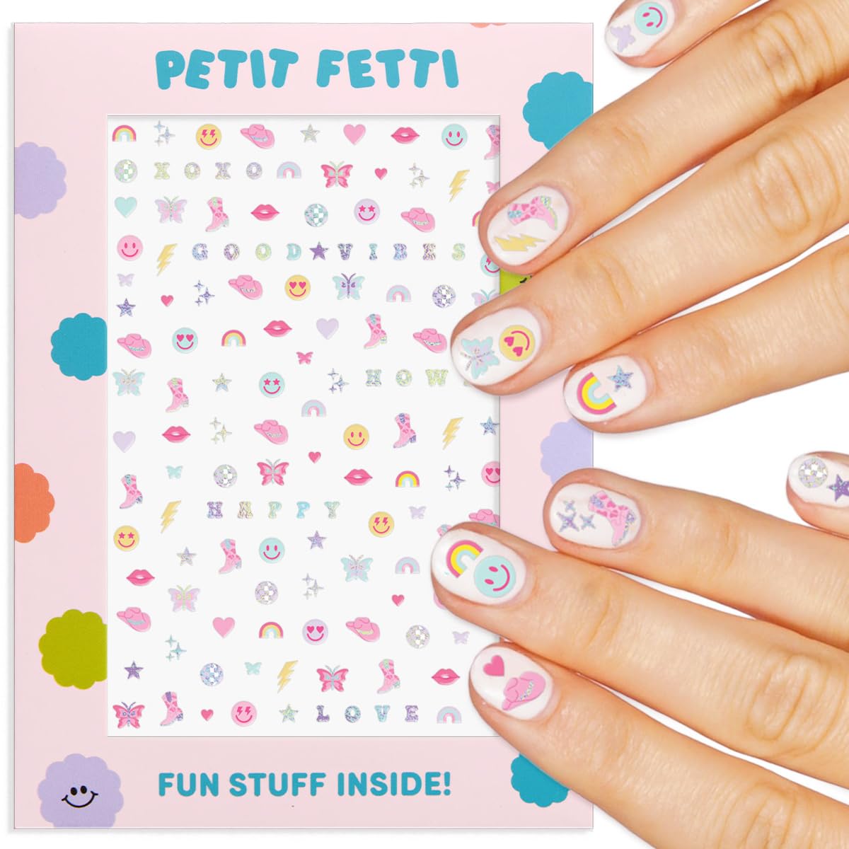xo, Fetti Party Preppy Nail Stickers | 496 Stickers | Girly Party Accessory, Rainbow Bachelorette Decorations, Smiley Birthday Manicure, Butterfly Adhesive Press Ons