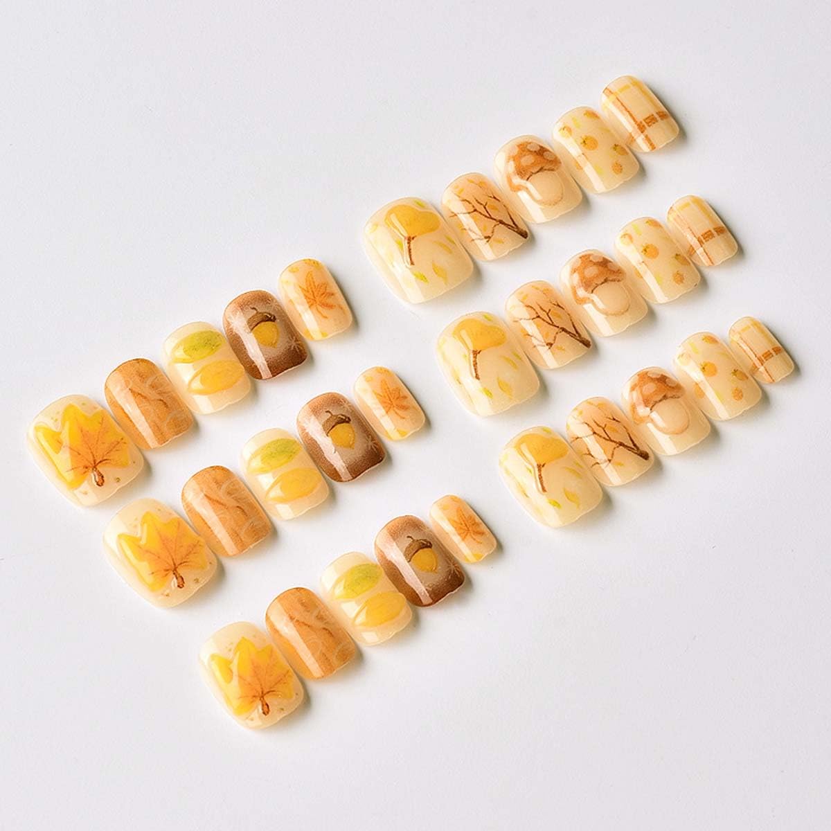 Fall Press on Nails Short Square Fake Nails Autumn Yellow Nails Press ons with Maples Mushroom Acorn Design,Reusable Artificial Nail Full Cover Glue on Nail Stick on Nails for Women Manicure 24 Pcs