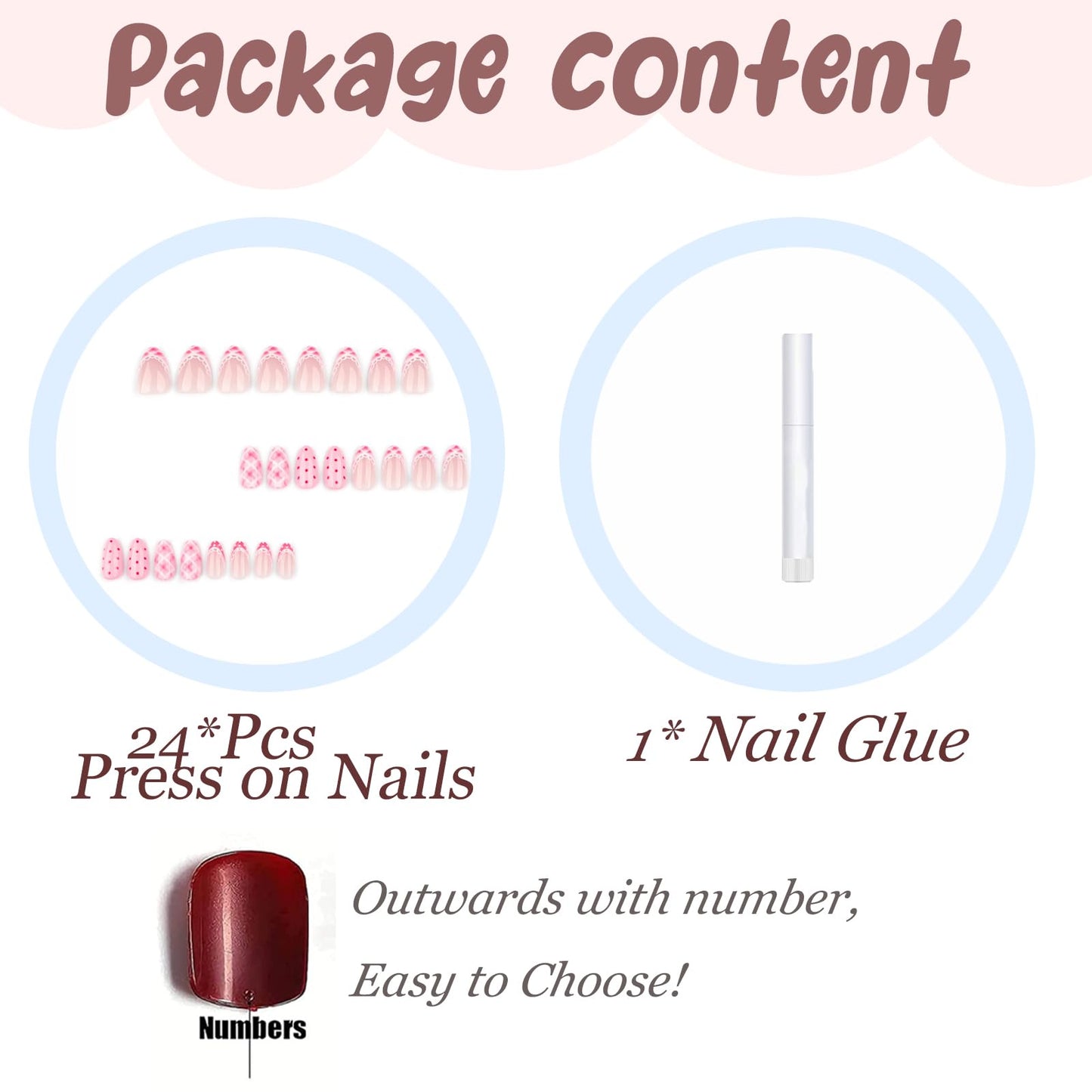 BABALAL Press On Nails, Short Almond Fake Nails, Pink Polka Dot & Plaid Lace Design, Glossy Kawaii Glue On Nails For Women And Girls Kids 24Pcs