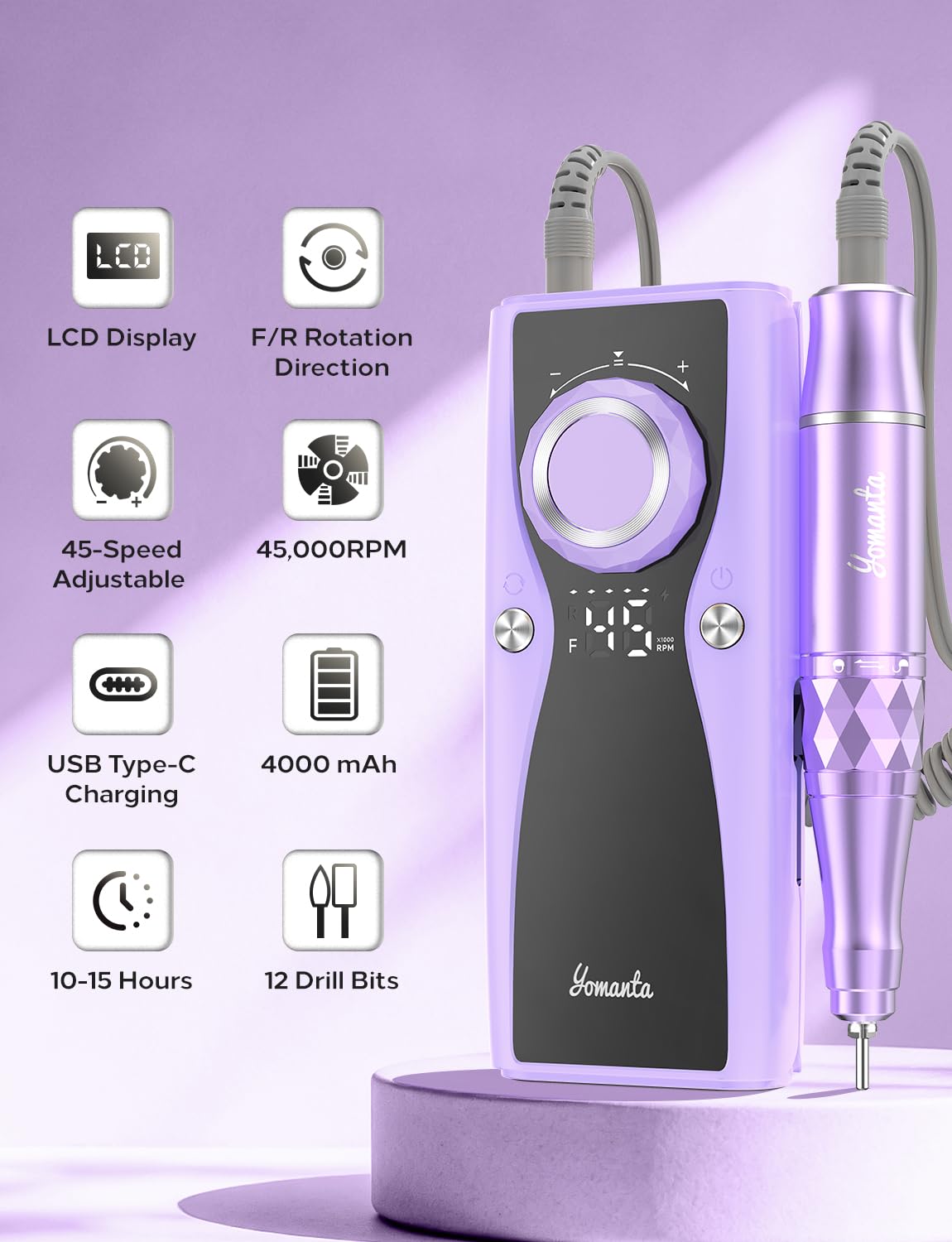 Electric Nail Drill Professional Kit: 45,000 RPM USB Rechargeable Efile Nail Drill Nail File with 12 Bits for Polishing Gel/Acrylic Nails- Portable Manicure Tool Set for Salon/Home-Light Purple