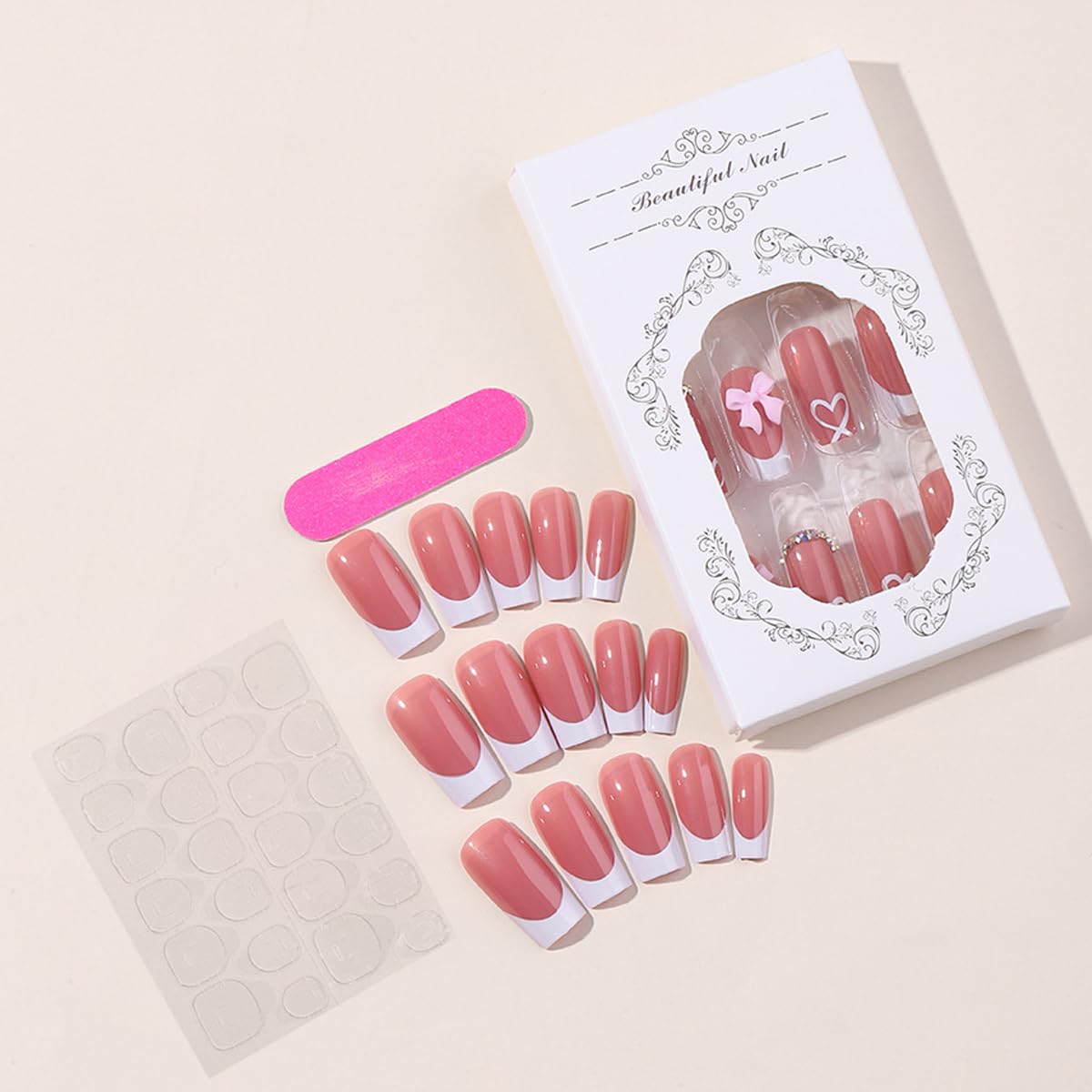 YKZFUI French Tip Press on Nails with Charms, Medium, Cute Bow, Long Square Shape, Acrylic Fake Stick On Nails with Heart and Rhinestones for Women Daily Wear, White