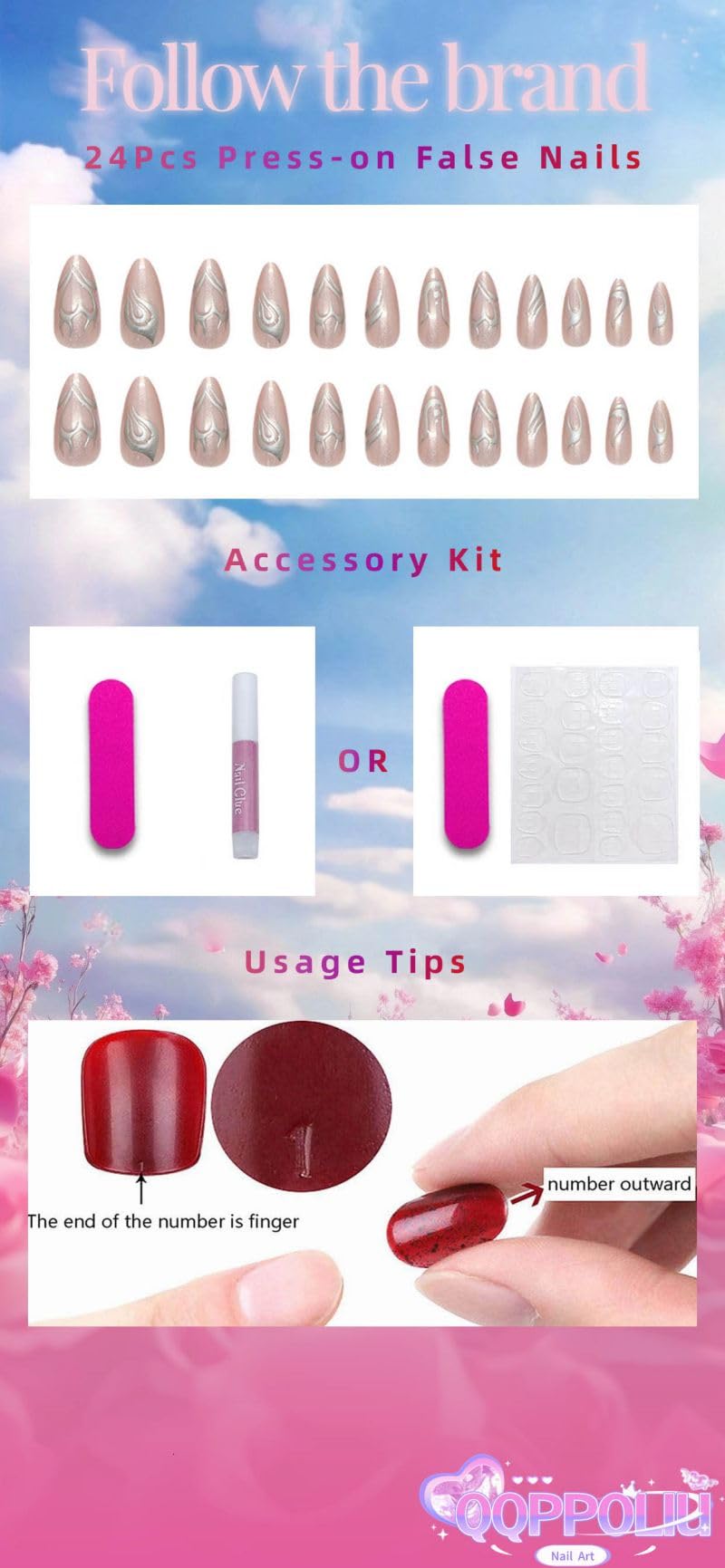 QQPPOLIU Colorful Press on Nails Long Fake Nails Stiletto False Nails with Design Glue on Nails for Women and Girls 24Pcs