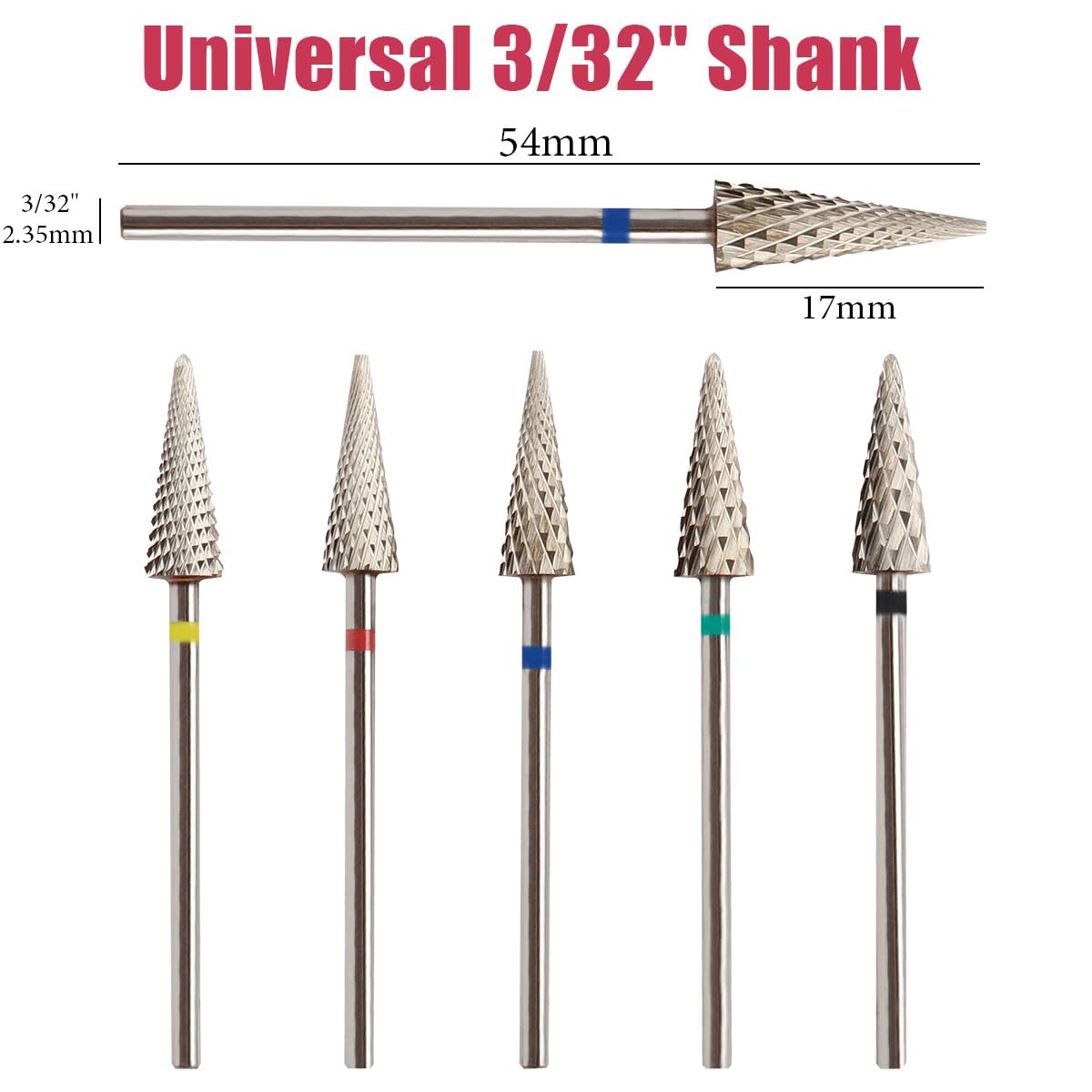 Evponk 5 Pcs Nail Drill Bits Set for Acrylic Nails, 3/32" Tungsten Carbide Nail File Bits Set XC, C, M, F, XF for Gel Polish Removal, Nail Art, Home Salon Use